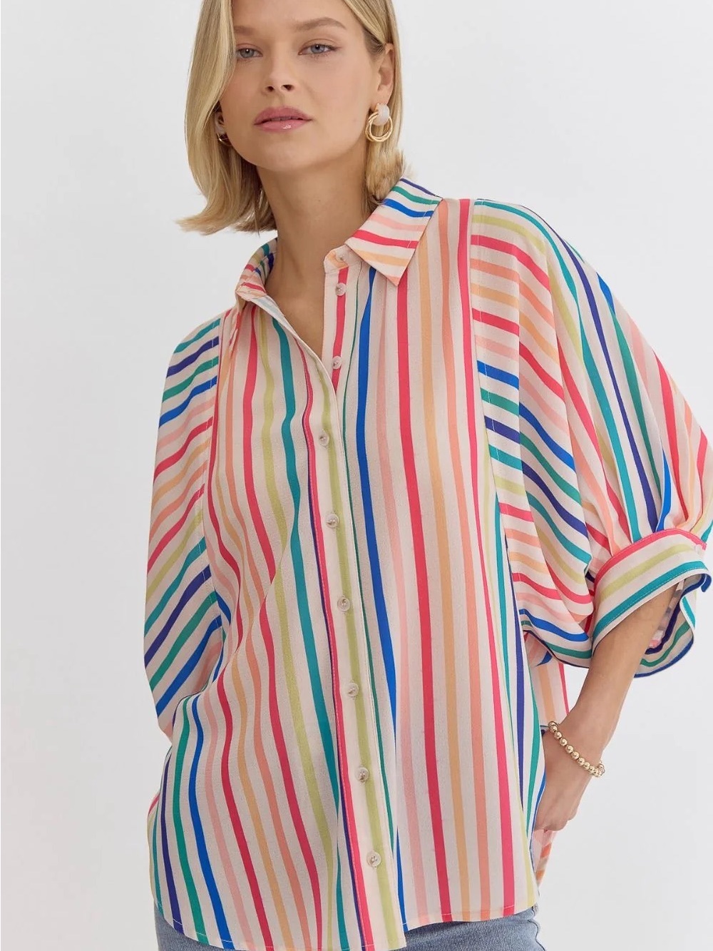entro Multi-Stripe Button-Front Women's Shirt in Pink, Blue, Green, Cream